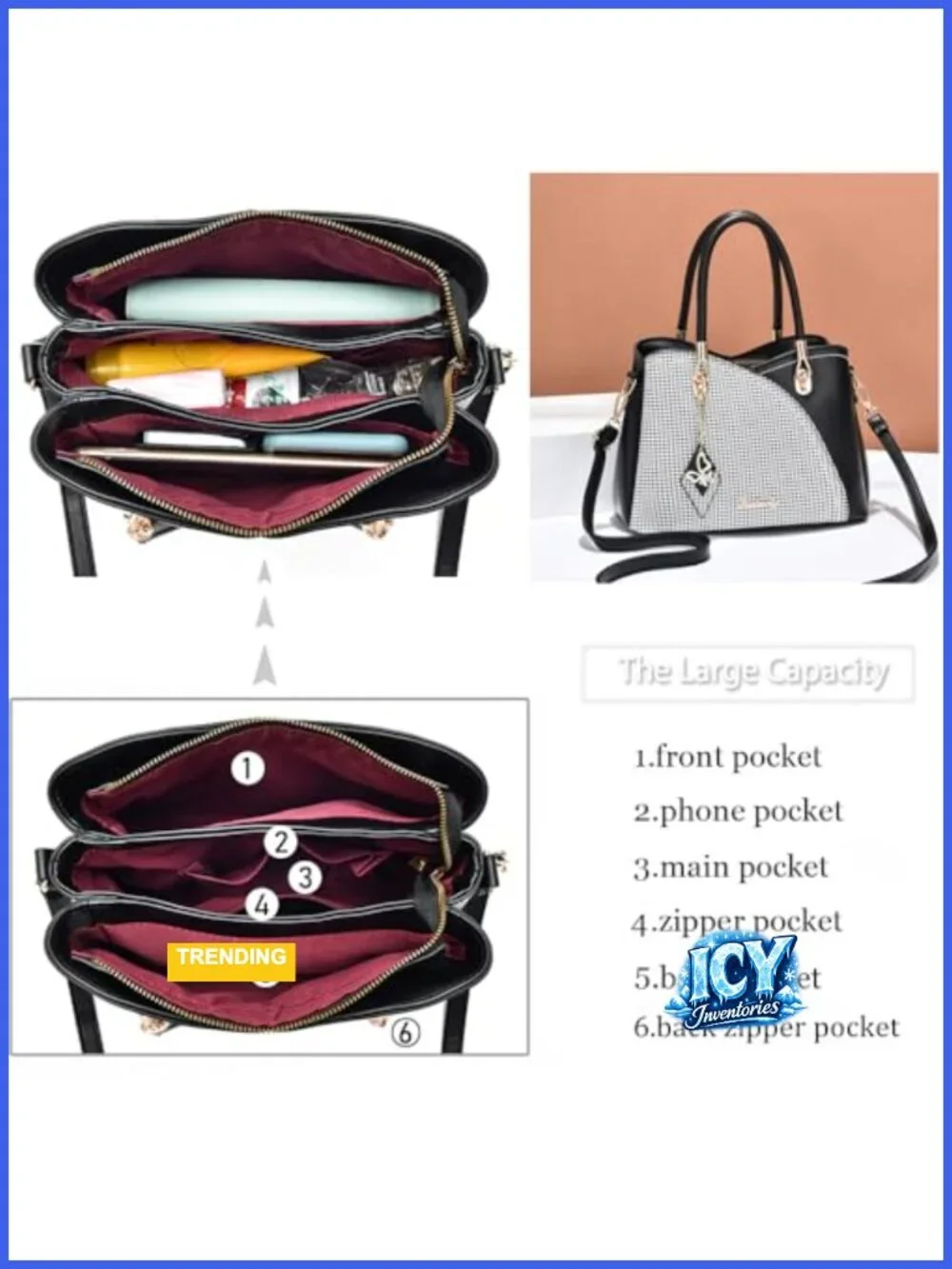 Ladies Faux Leather Satchel Tote Bag with Gold Tone Hardware, 6 Pockets,